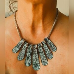 Boho Statement Necklace – Textured Teal Fan Blades + Silver Bead Chain